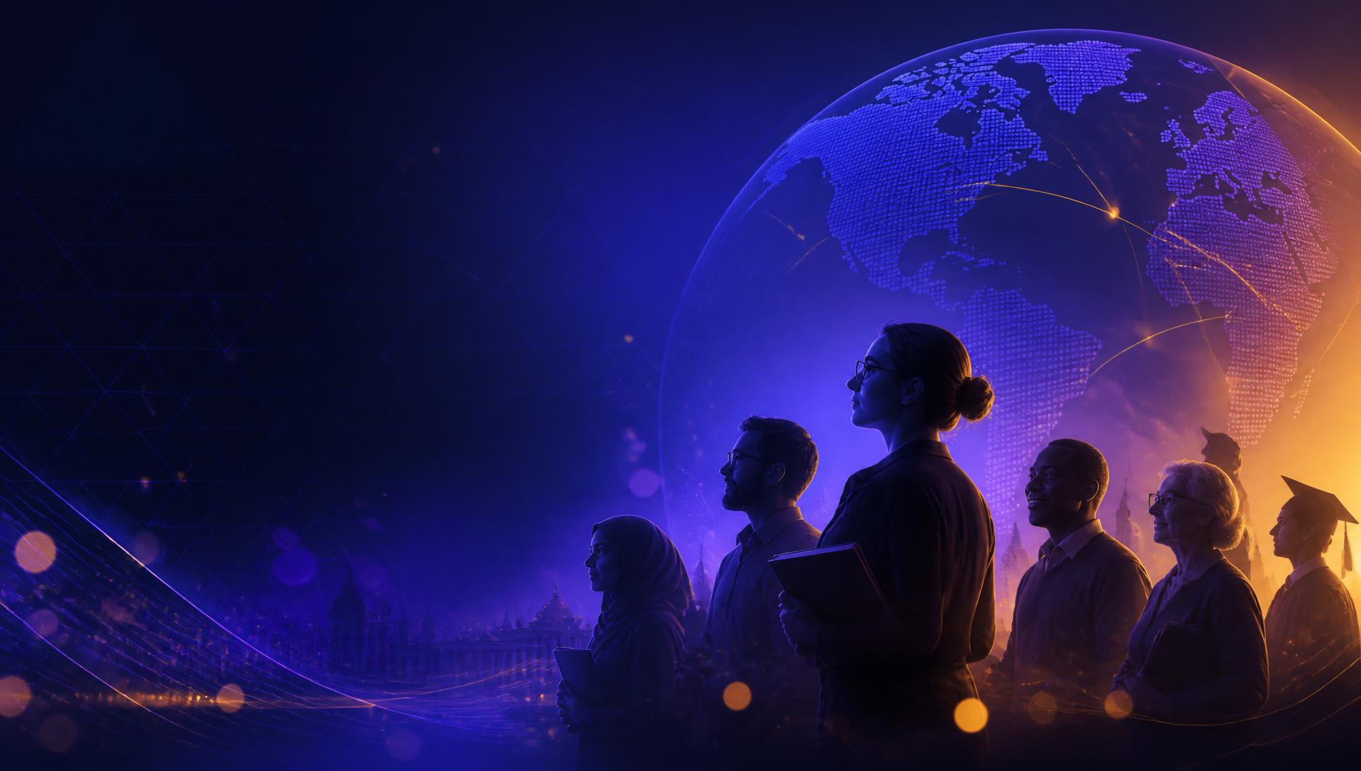 Diverse global educators looking toward a glowing world map